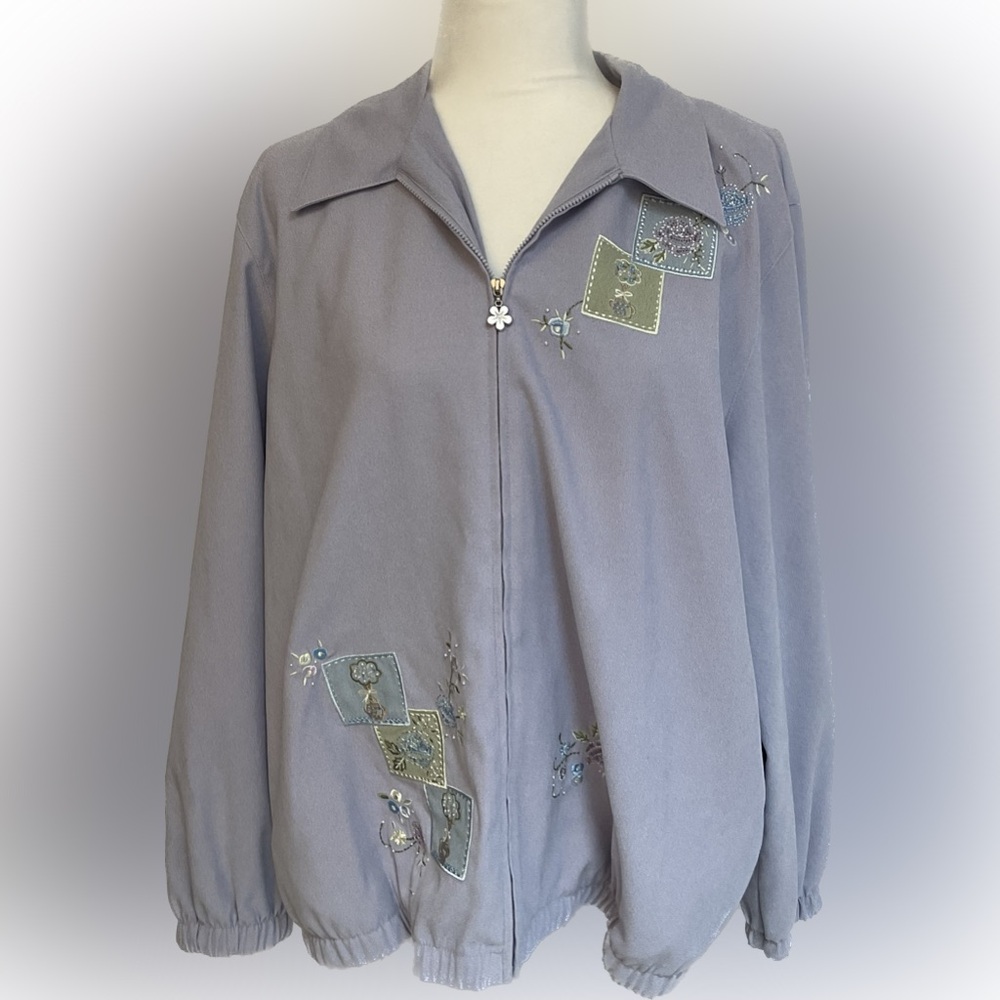 Alfred Dunner Lavender Jacket Zip Floral Embellished Collared Grandmacore Sz 16